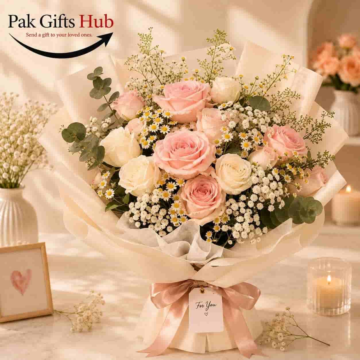 Blush Pink & White Rose Bouquet with Daisies