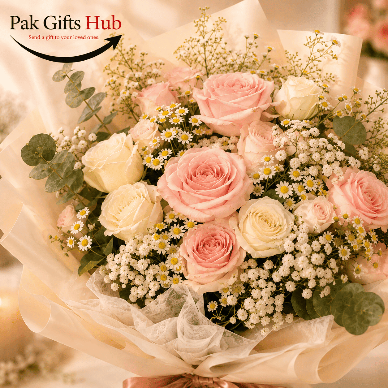 Blush Pink & White Rose Bouquet with Daisies