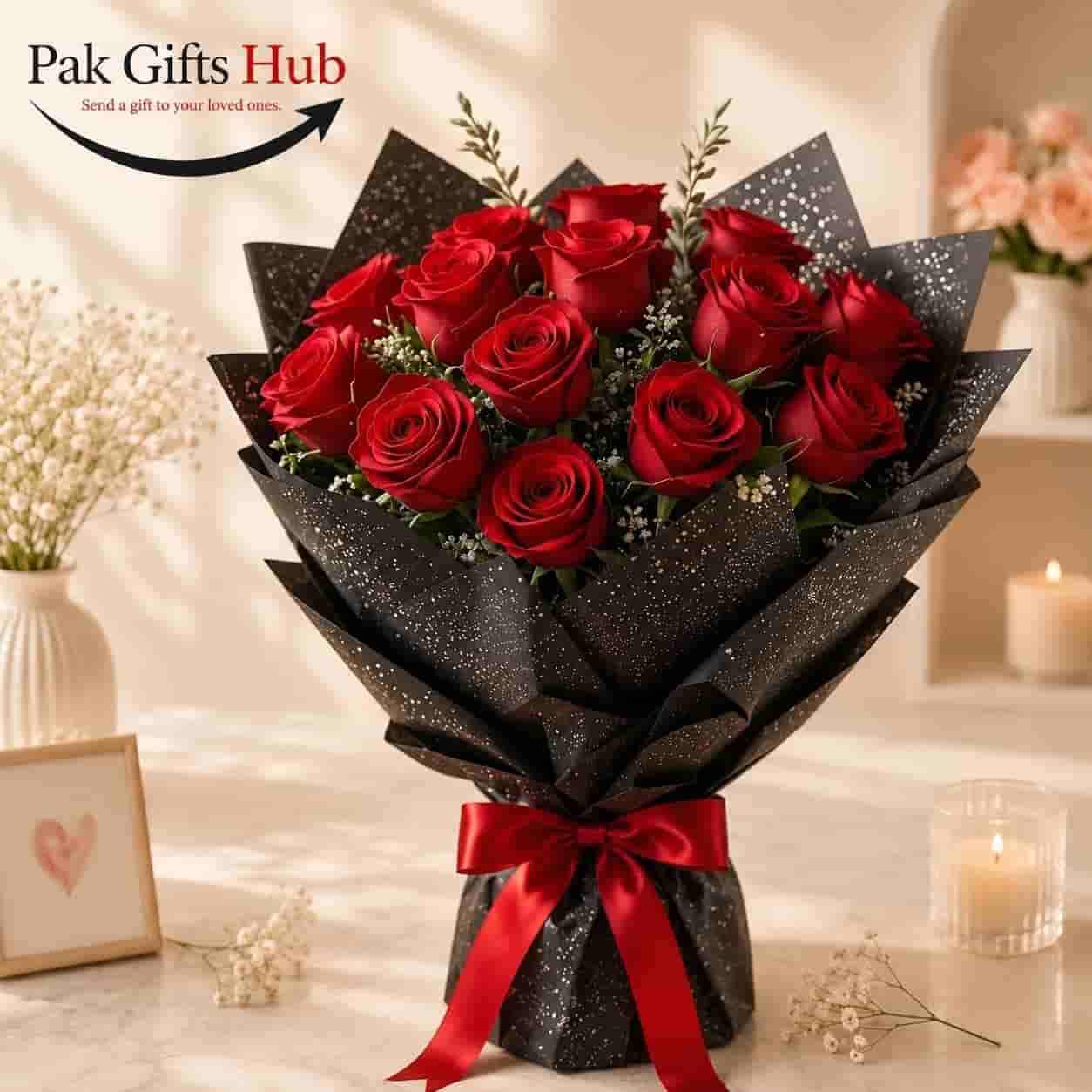 Elegant Red Rose Bouquet with Black Glitter Wrapping