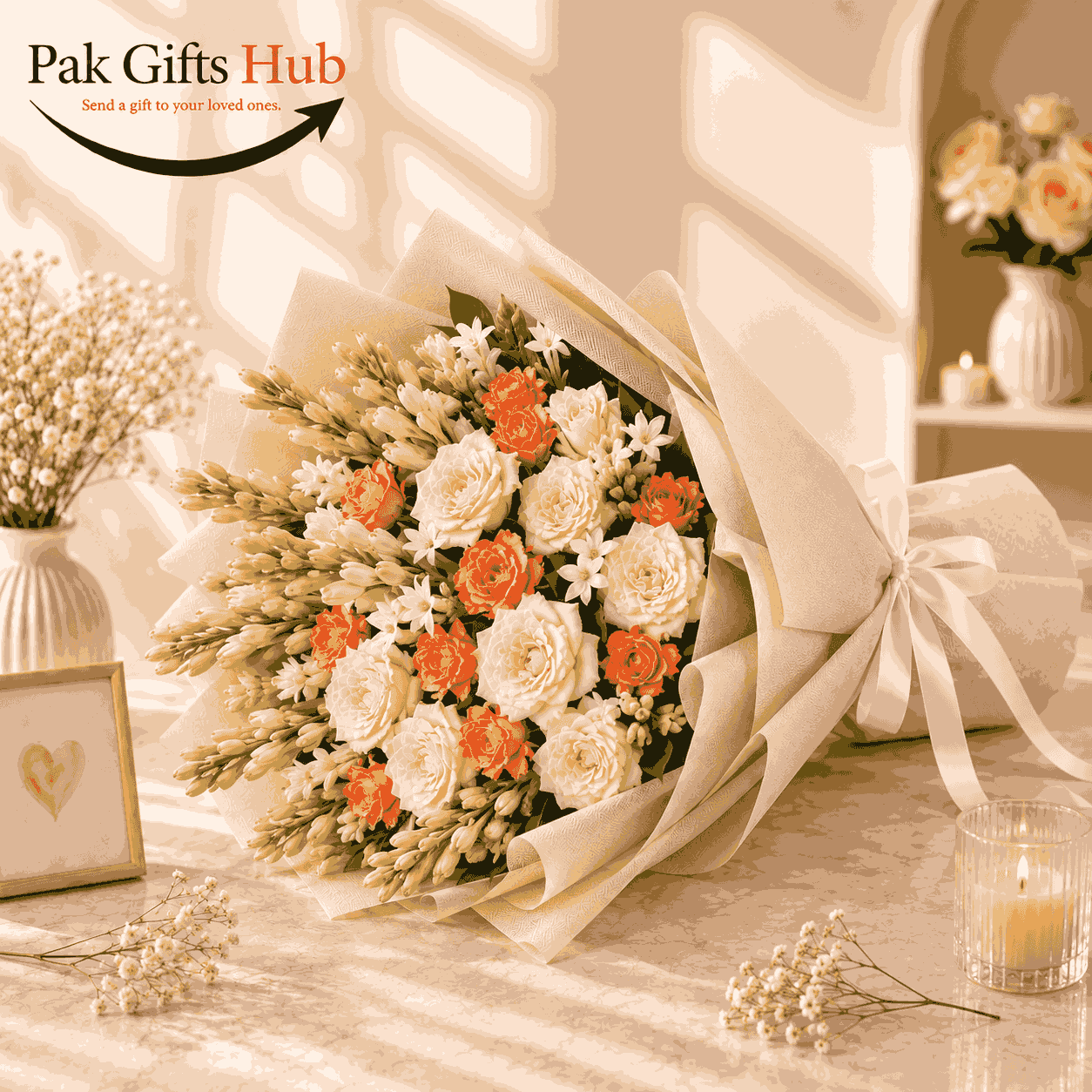 Elegant Orange & White Mixed Flower Bouquet