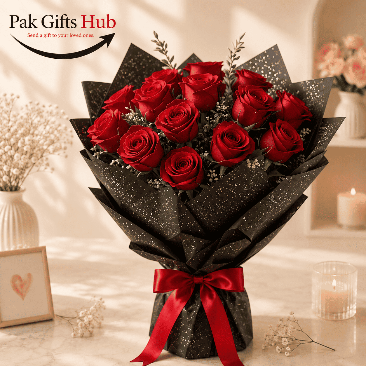 Elegant Red Rose Bouquet with Black Glitter Wrapping