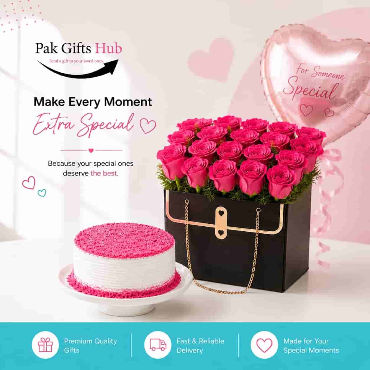 Pink Roses & Celebration Cake Combo