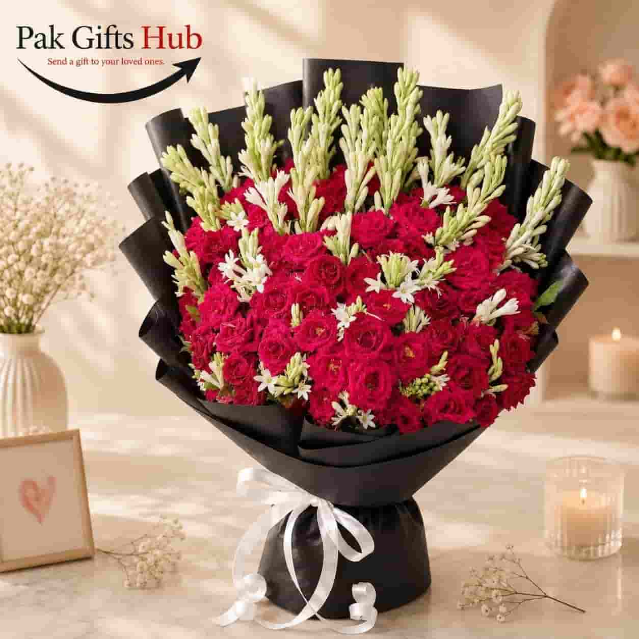 Red Rose & Tuberose Mixed Flower Bouquet