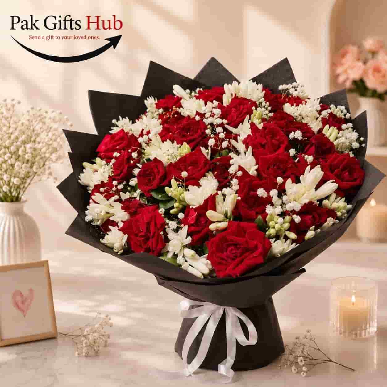 Red Rose & White Flower Bouquet