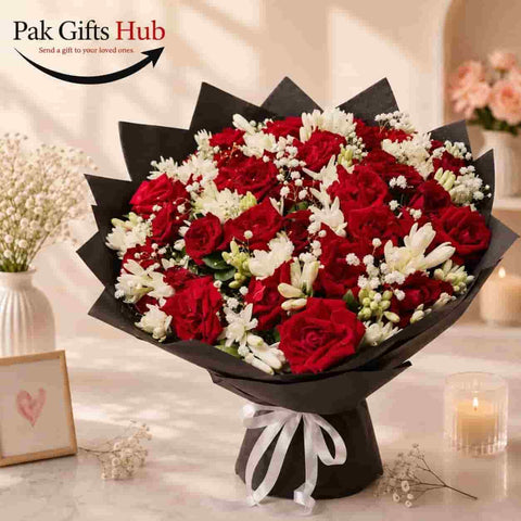Red Rose & White Flower Bouquet