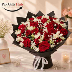 Red Rose & White Flower Bouquet