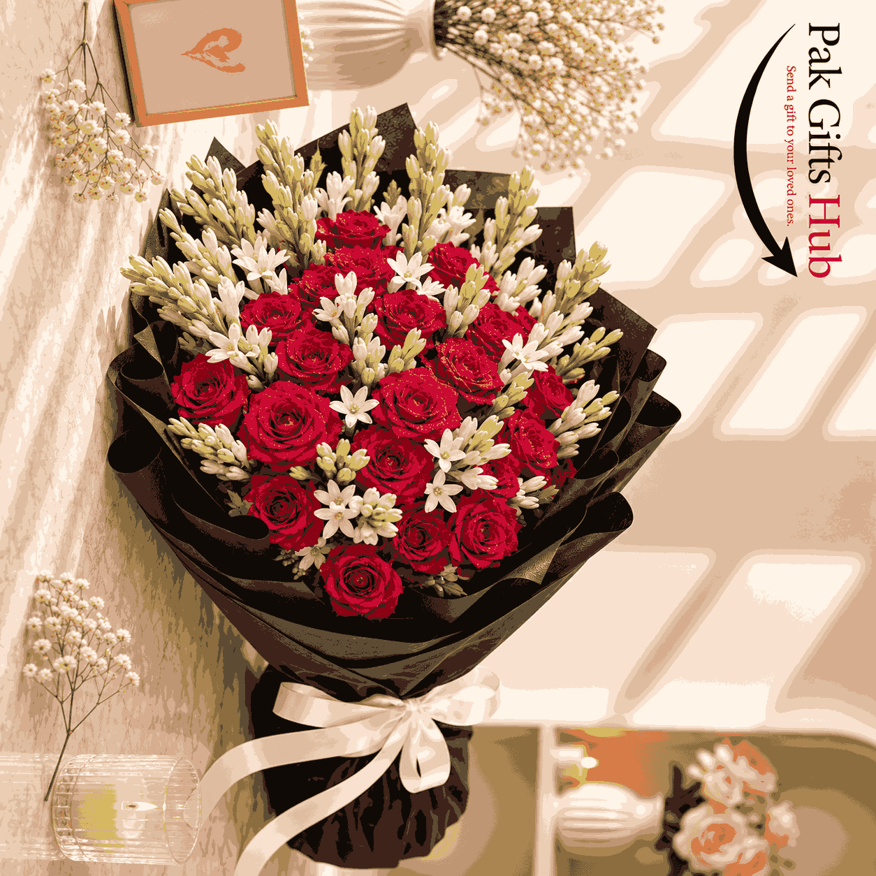 Red Rose & Tuberose Mixed Flower Bouquet