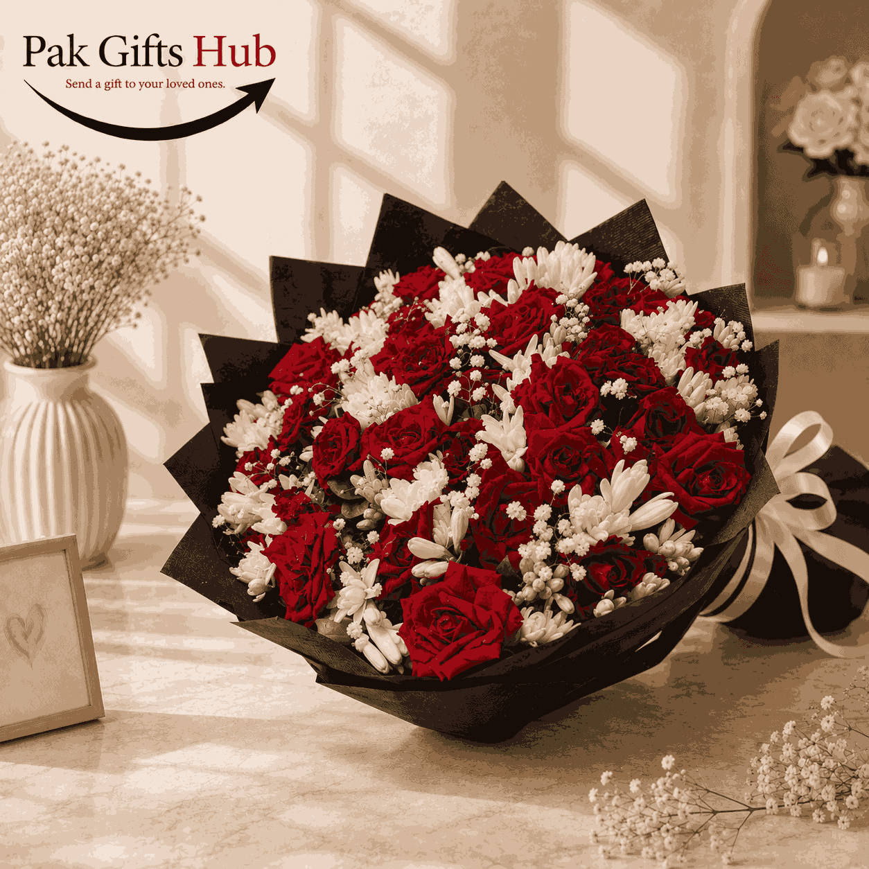 Red Rose & White Flower Bouquet
