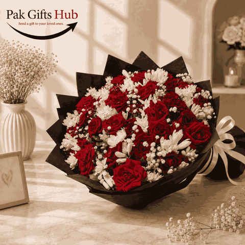 Red Rose & White Flower Bouquet